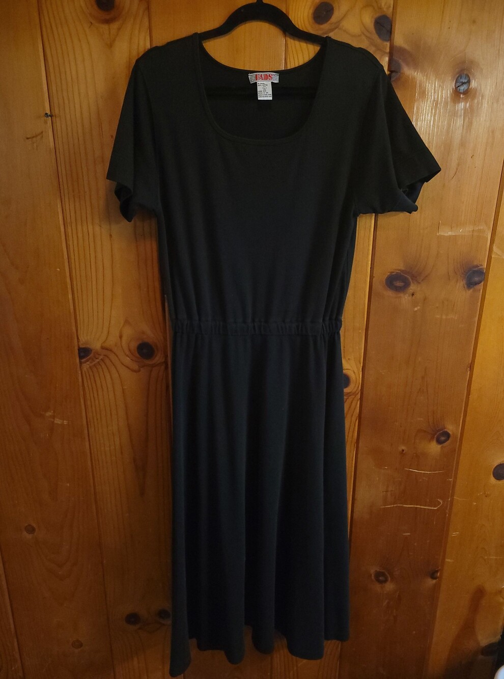 80s vintage FADS Black Cotton Dress Large Short Sleeve Elastic Waist vtg basic